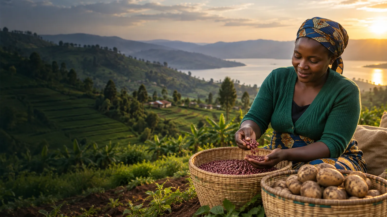 Umuhinzi yitegereza umusaruro w’ibirayi n’ibishyimbo kugira ngo ategure ibikurikira.